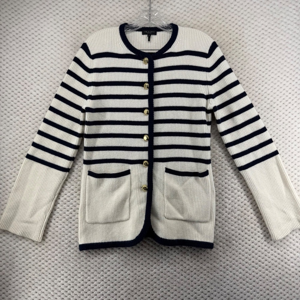 Rag & Bone Striped Cardigan Women Small Ivory Navy Blue Merino Wool Gold Button - Picture 2 of 11